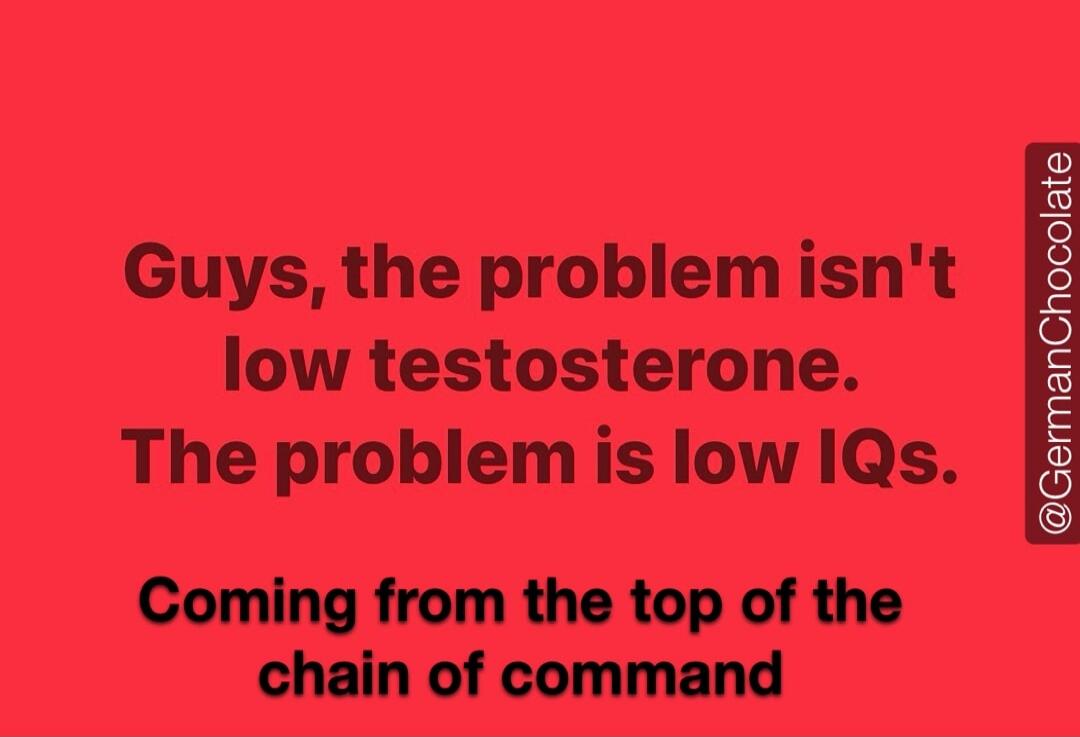 Guys, the problem isn't low testosterone. The problem is low IQs. Coming from the top of the chain of command. @GermanChocolate