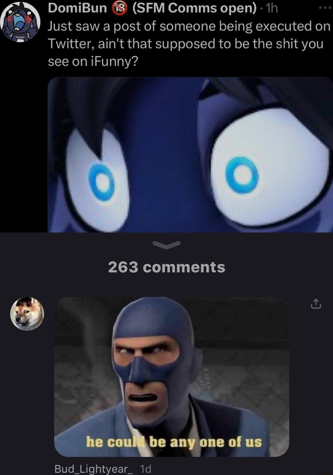 DomiBun SFM Comms open 1 J Just saw a post of someone being executed on Twitter aint that supposed to be the shit you see on iFunny U 263 comments Bud_Lightyear 1d