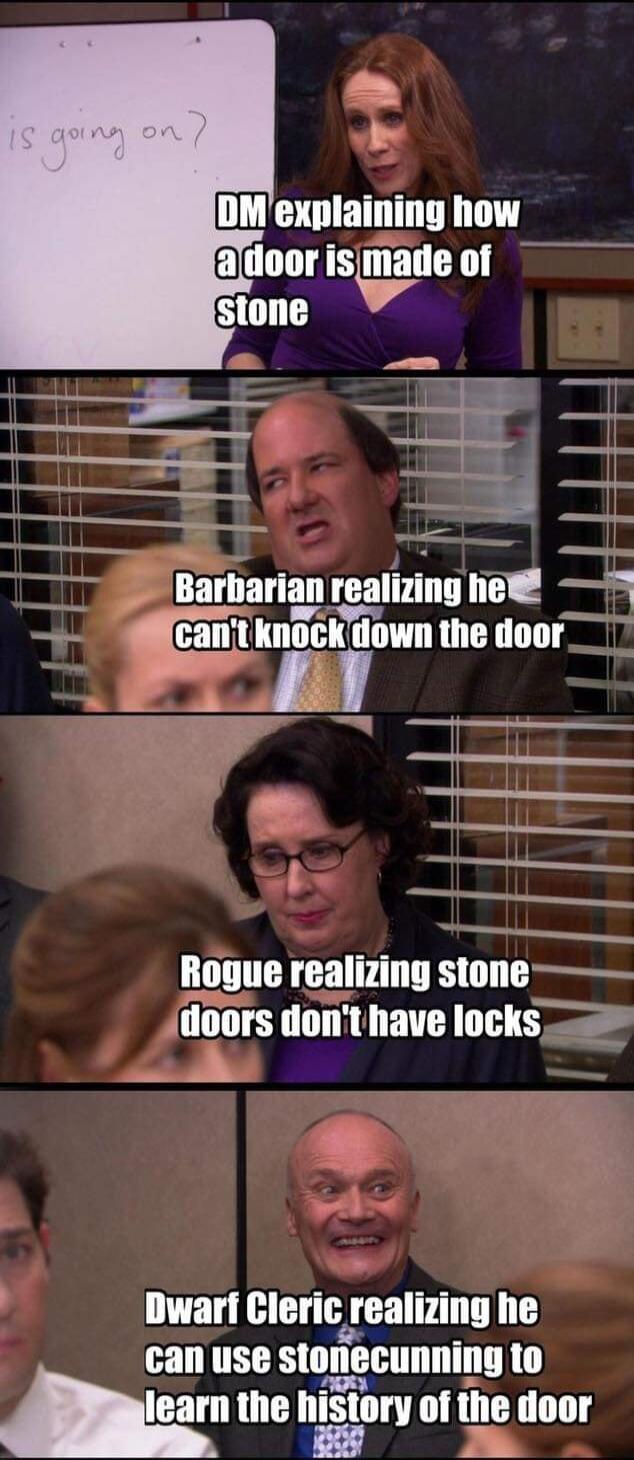 T 3 L DMexplaining how adoor isjmade of stone 7 EIIFLET realmng he cantknockdown the door_ A Rogue realizing stone loors donthave locks N TR realmng he FTTE slnnecunnlnu mn the history of the door e S