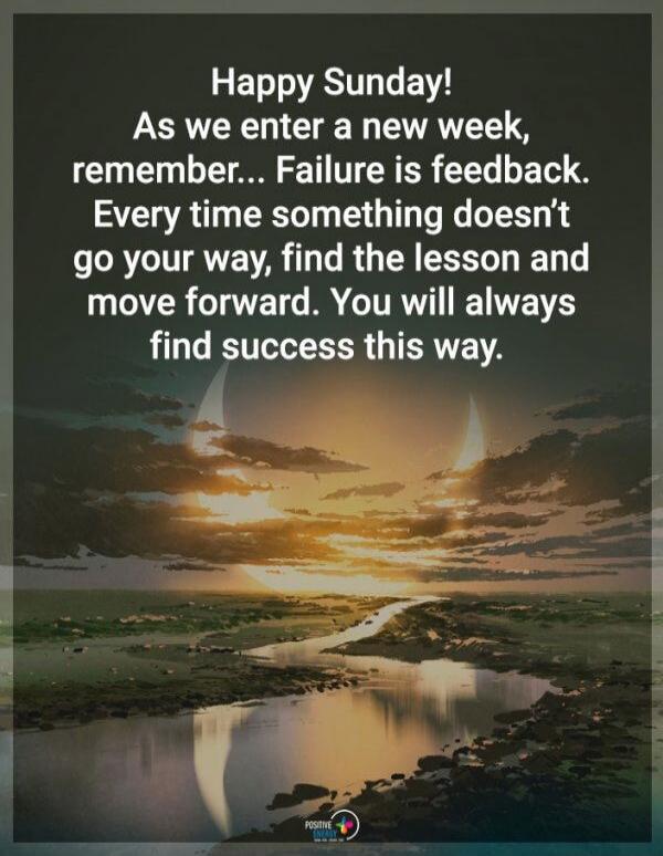 Happy Sunday! As we enter a new week, remember... Failure is feedback. Every time something doesn't go your way, find the lesson and move forward. You will always find success this way.