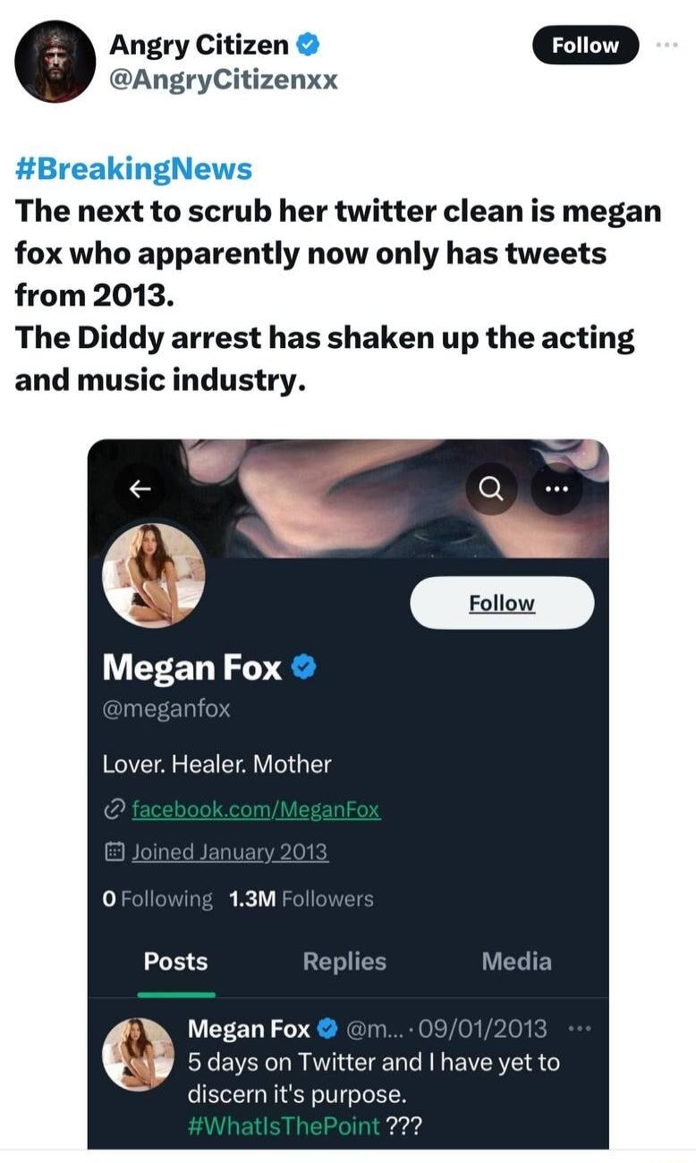 Angry Citizen Folow AngryCitizenxx BreakingNews The next to scrub her twitter clean is megan fox who apparently now only has tweets from 2013 The Diddy arrest has shaken up the acting and music industry Megan Fox Lover Healer Mother Posts Megan Fox EYE LR G I EVER I G discern its purpose