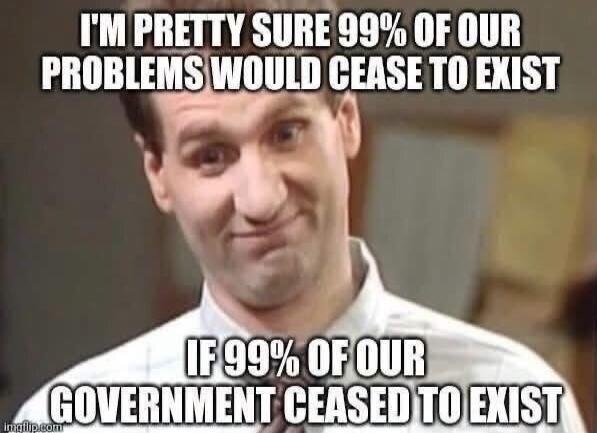 I'M PRETTY SURE 99% OF OUR PROBLEMS WOULD CEASE TO EXIST IF 99% OF OUR GOVERNMENT CEASED TO EXIST