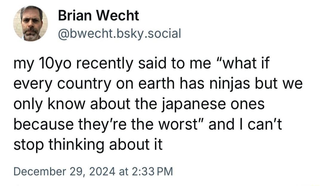 Brian Wecht y bwechtbskysocial my 10yo recently said to me what if every country on earth has ninjas but we only know about the japanese ones because theyre the worst and cant stop thinking about it December 29 2024 at 233PM