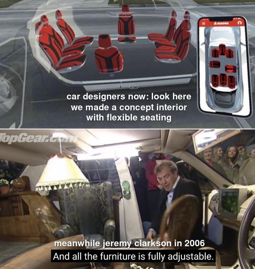 car designers now look here we made a concept interior with flexible seating iainfvuug joro T Oltidh in 2006__ And all the furniture is fully adjustable y o AW