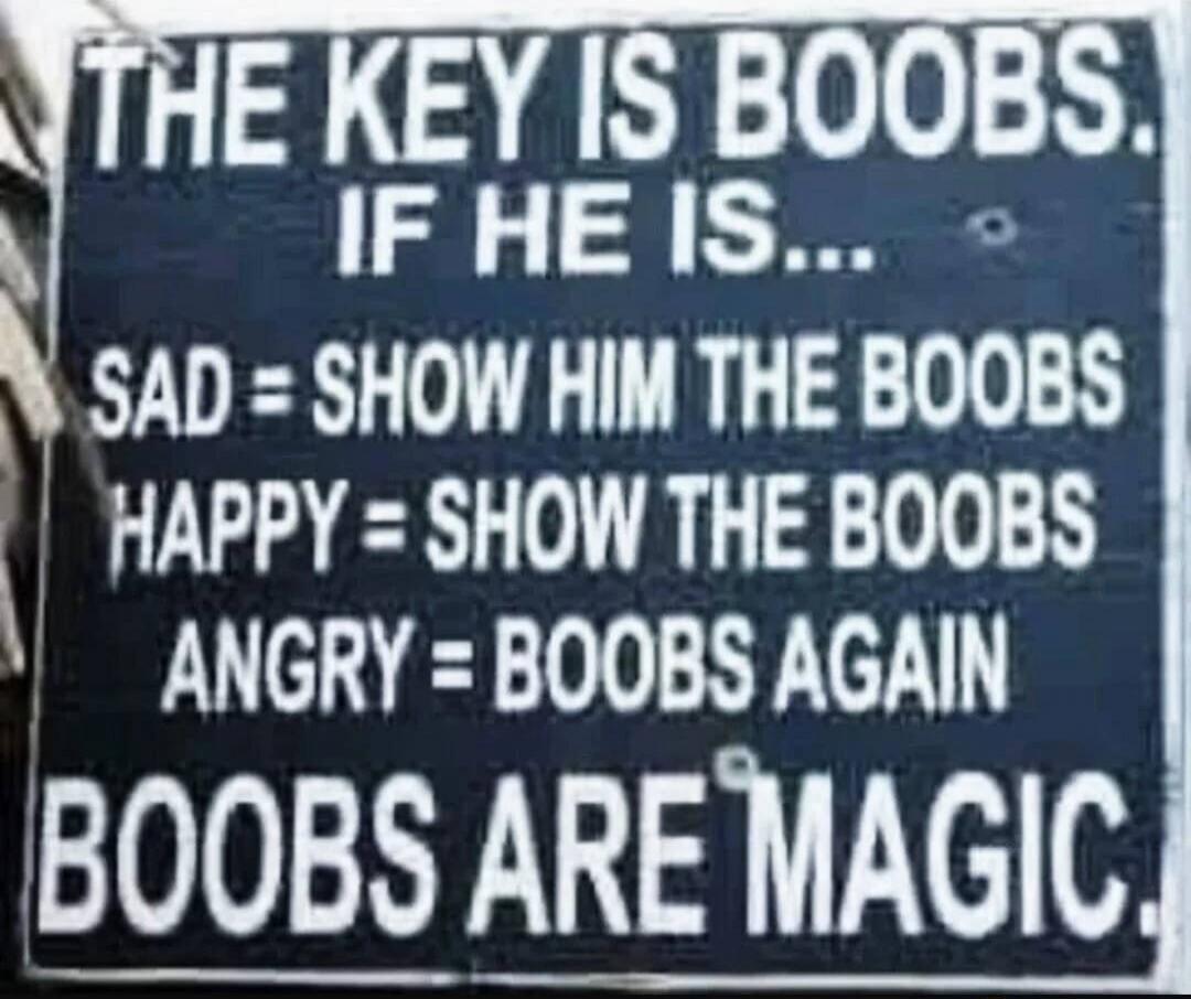 THE KEY IS BOOBS. IF HE IS... SAD = SHOW HIM THE BOOBS HAPPY = SHOW THE BOOBS ANGRY = BOOBS AGAIN BOOBS ARE MAGIC.