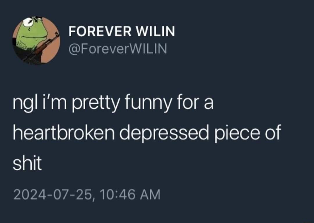 FOREVER WILIN RI NN nglim pretty funny for a heartbroken depressed piece of shit 2024 07 25 1046 AM