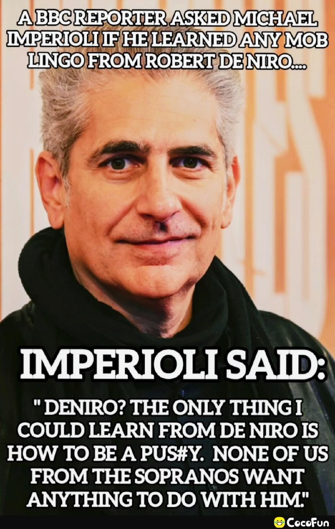 A BBC REPORTER ASKED MICHAEL IMPERIOLI IF HE LEARNED ANY MOB LINGO FROM ROBERT DE NIRO.... IMPERIOLI SAID: 