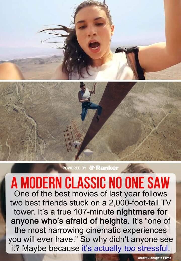 One of the best movies of last year follows two best friends stuck on a 2000 foot tall TV tower Its a true 107 minute nightmare for anyone whos afraid of heights Its one of the most harrowing cinematic experiences you will ever have So why didnt anyone see it Maybe because its actually too stressful