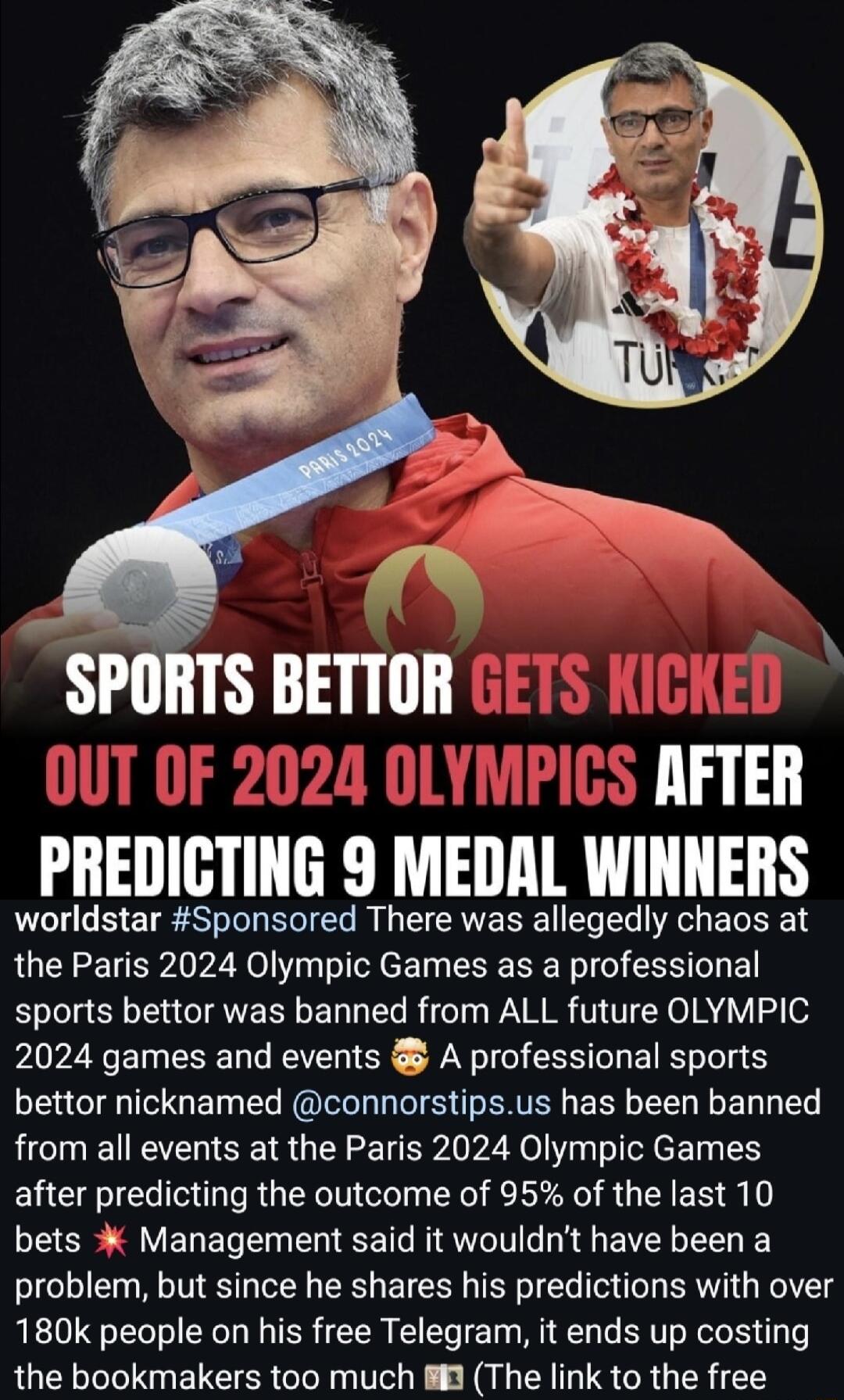 SPORTS BETTOR 2024 OLYMPICS RFTER PREDICTING 9 MEDAL WINNERS worldstar Sponsored There was allegedly chaos at the Paris 2024 Olympic Games as a professional sports bettor was banned from ALL future OLYMPIC 2024 games and events A professional sports bettor nicknamed connorstipsus has been banned from all events at the Paris 2024 Olympic Games after predicting the outcome of 95 of the last 10 bets 