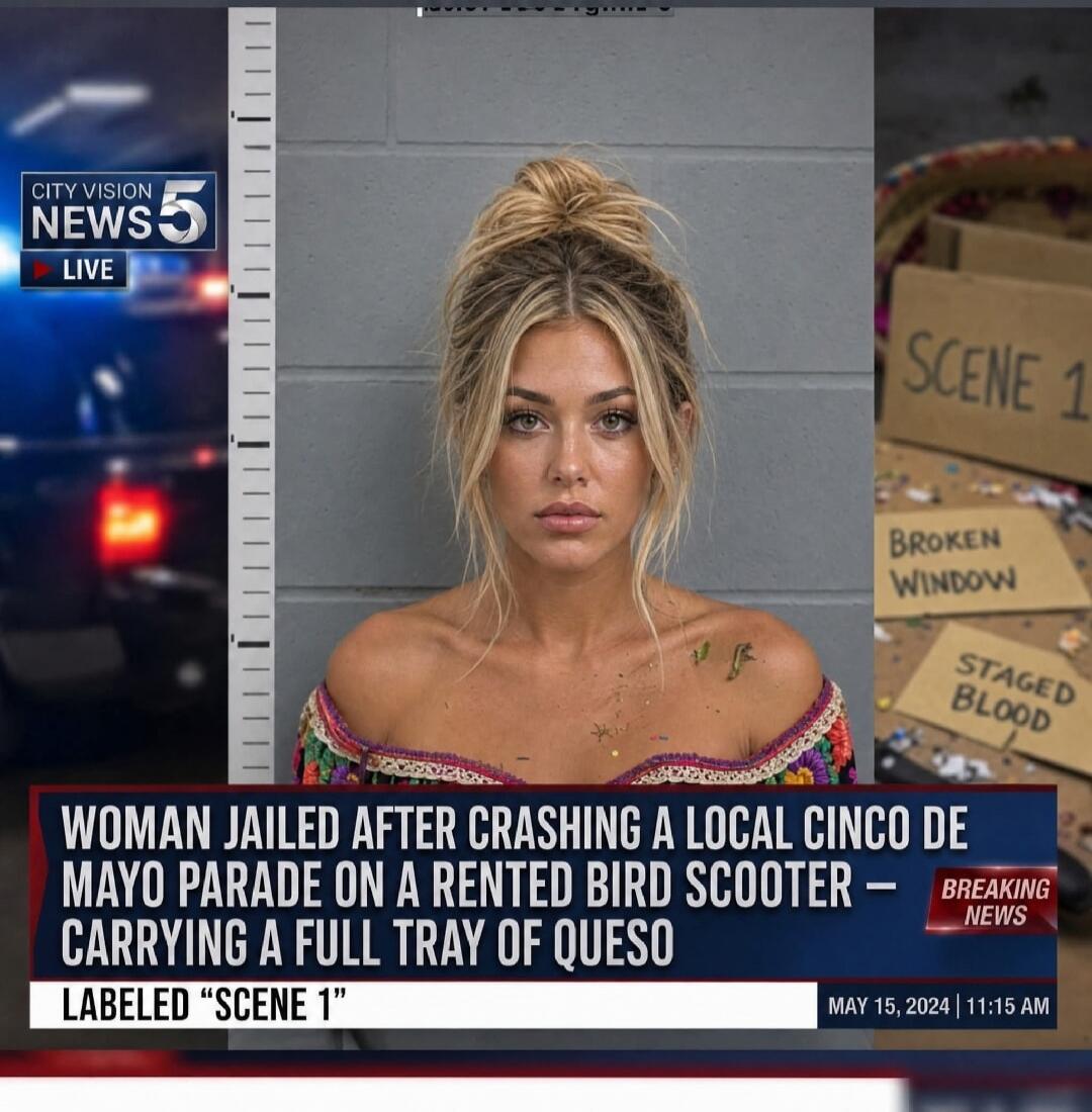 CITY VISION NEWS 5 LIVE. WOMAN JAILED AFTER CRASHING A LOCAL CINCO DE MAYO PARADE ON A RENTED BIRD SCOOTER — CARRYING A FULL TRAY OF QUESO. BREAKING NEWS. LABELED 