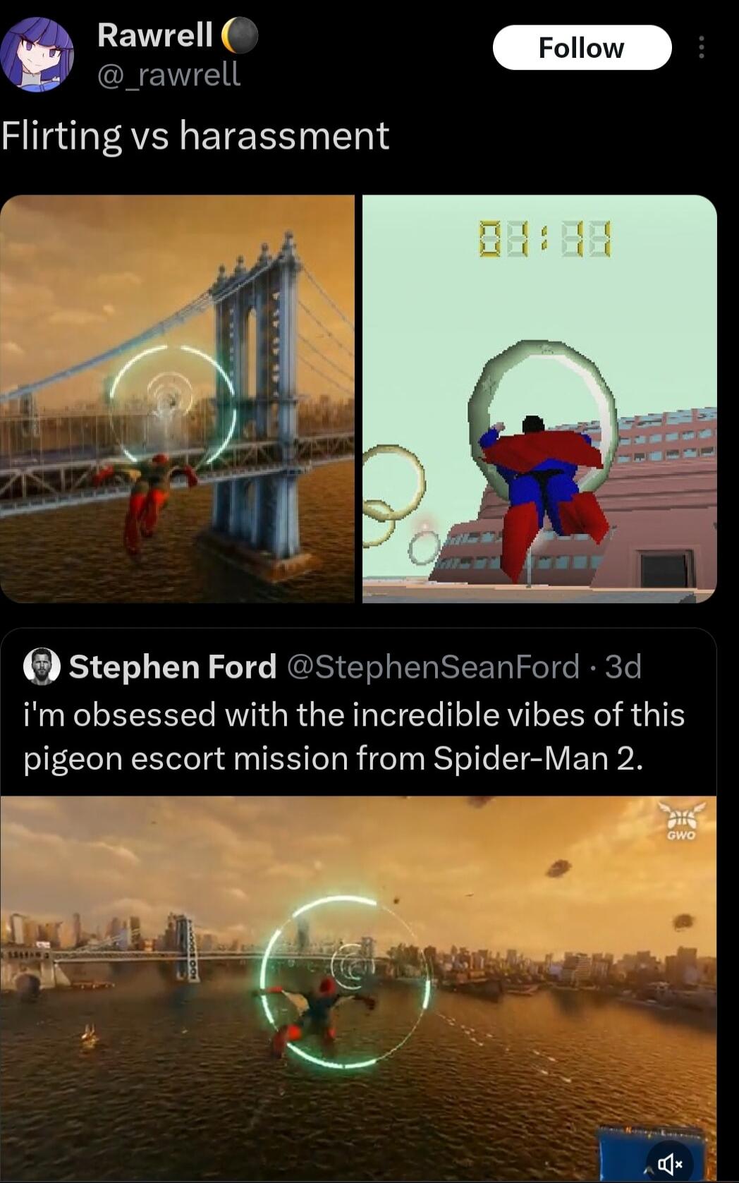 fnolt CNEVVE Flirting vs harassment Stephen Ford StephenSeanFord 3d im obsessed with the incredible vibes of this pigeon escort mission from Spider Man 2