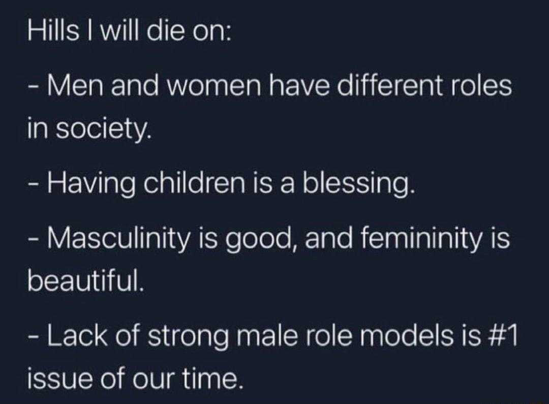 Hills will die on Men and women have different roles in society Having children is a blessing B S Ta T SYeTolele AETale R ica T TalVATY beautiful Lack of strong male role models is 1 issue of our time