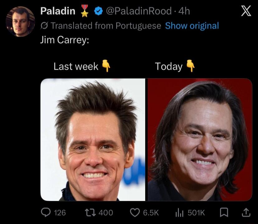Jim Carrey:\nLast week 👇\nToday 👇