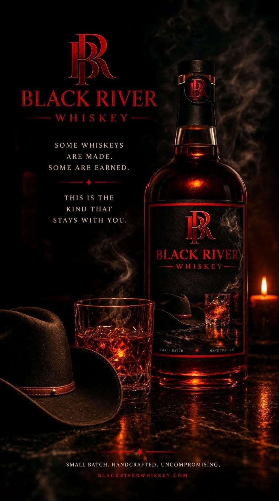 BR BLACK RIVER WHISKEY SOME WHISKEYS ARE MADE. SOME ARE EARNED. THIS IS THE KIND THAT STAYS WITH YOU. SMALL BATCH HANDCRAFTED SMALL BATCH. HANDCRAFTED. UNCOMPROMISING. BLACKRIVERWHISKEY.COM