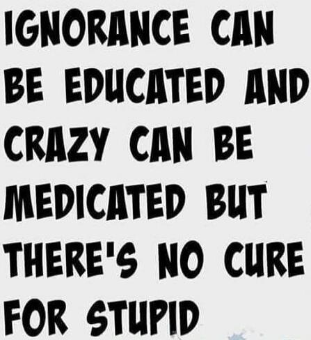 IGNORANCE CAN BE EDUCATED AND CRAZY CAN BE MEDICATED BUT THERE'S NO CURE FOR STUPID