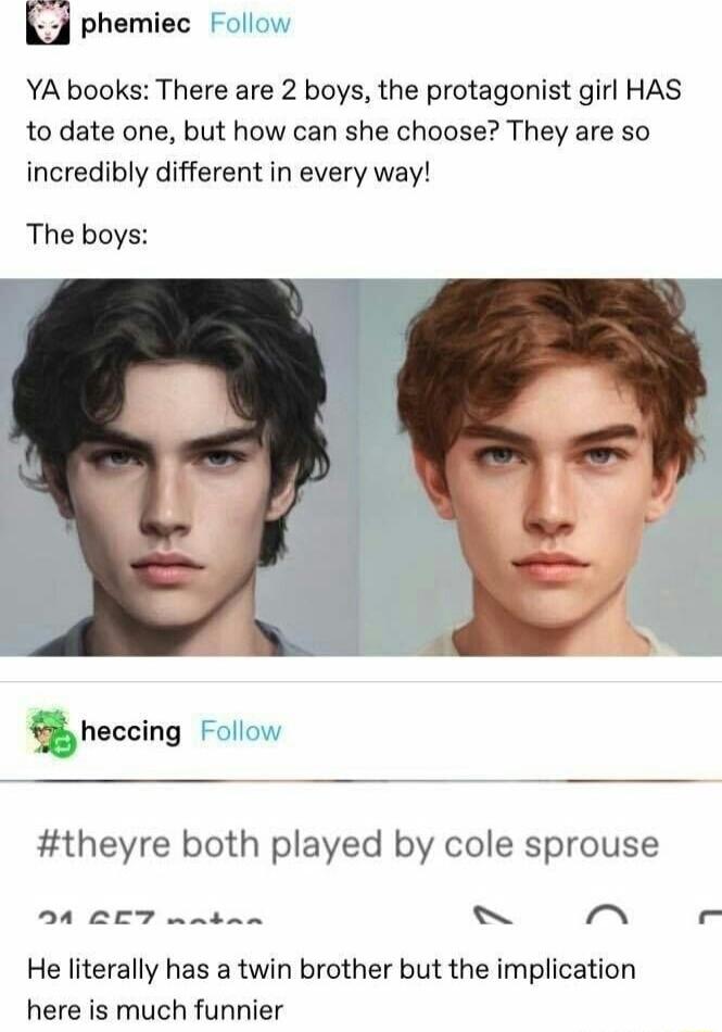 phemiec YA books There are 2 boys the protagonist girl HAS to date one but how can she choose They are so incredibly different in every way The boys F 55 heccing theyre both played by cole sprouse D4 OC7 wnban o m He literally has a twin brother but the implication here is much funnier