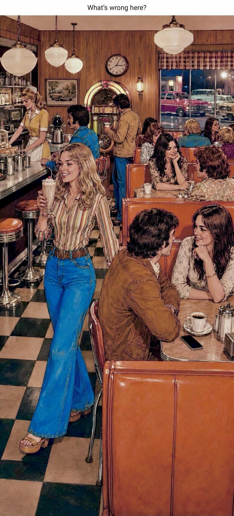What's wrong here? A vibrant illustration of a retro 1970s-style diner, bustling with patrons. A woman in bell-bottoms and a striped shirt holds a milkshake, smiling. Other people are seated at booths and the counter, enjoying drinks and conversation. Outside, classic cars are parked. The scene evokes a nostalgic atmosphere of a bygone era.