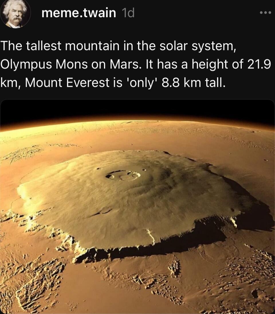 memetwain 1d LR E ES N T ET N R GRS ETESS Cl Olympus Mons on Mars It has a height of 219 km Mount Everest is only 88 km tall