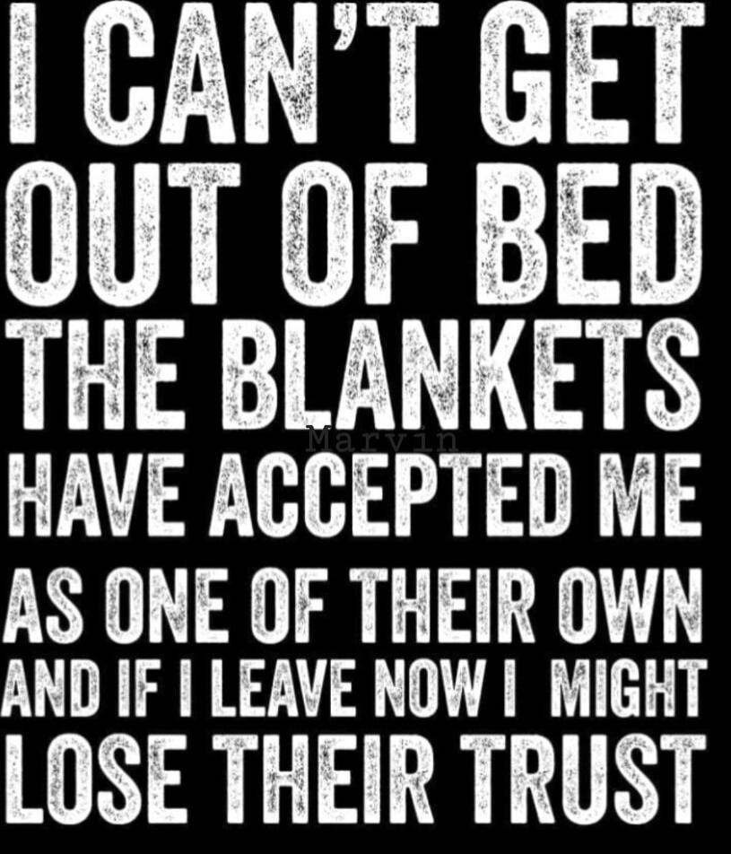 I CAN'T GET OUT OF BED THE BLANKETS HAVE ACCEPTED ME AS ONE OF THEIR OWN AND IF I LEAVE NOW I MIGHT LOSE THEIR TRUST