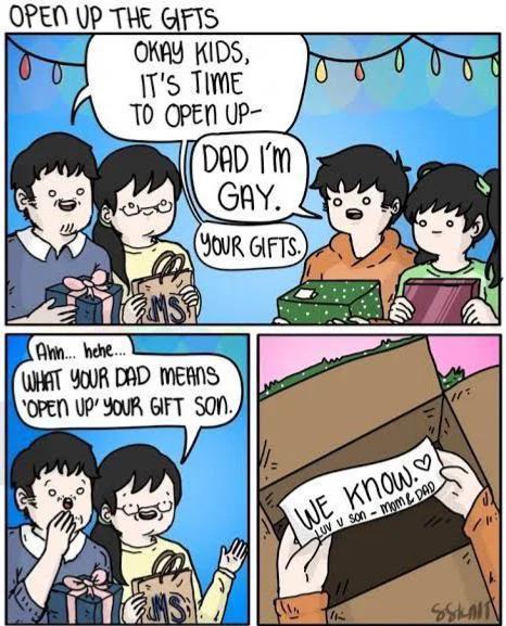 OPEN UP THE GIFTS OKAY KIDS 1Ts TIME T0 QPEN UP
