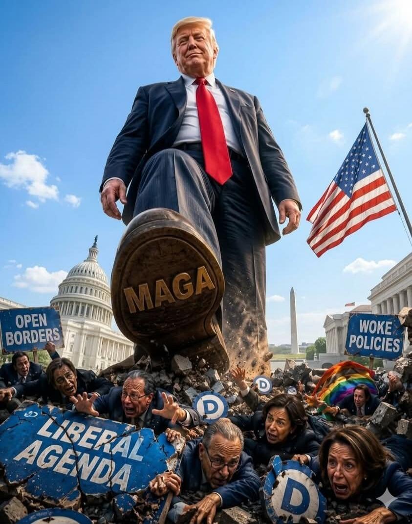 A giant Donald Trump steps on various Democratic politicians and political slogans. Text visible includes: 'MAGA' on his shoe, 'OPEN BORDERS', 'LIBERAL AGENDA', 'WOKE POLICIES' on signs being crushed, and 'D' (Democratic Party symbol) on broken pieces. The US Capitol building and an American flag are in the background.