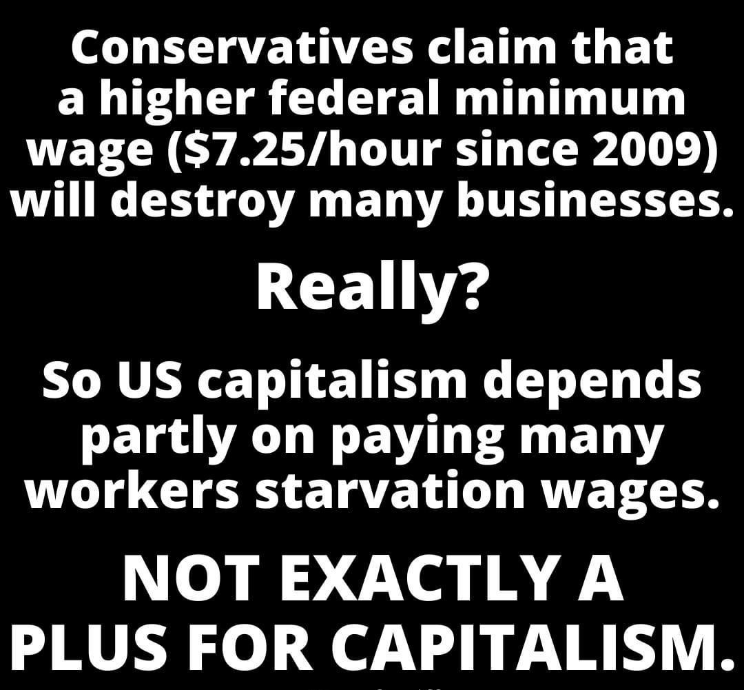 Conservatives claim that E O G E TR T Ty ELCRCY LT LU TS Lo L will destroy many businesses LCEES So US capitalism depends CELG AL EV LT ETY workers starvation wages NOT EXACTLY A PLUS FOR CAPITALISM