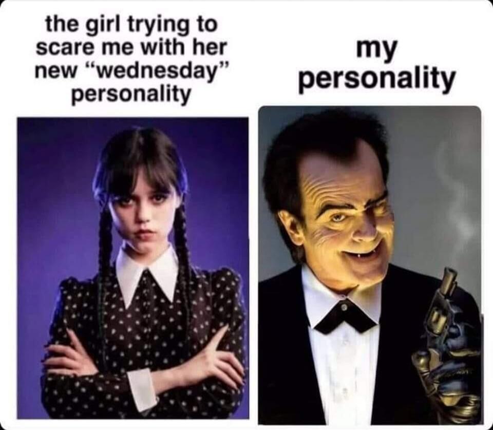the girl trying to scare me with her new “Wednesday” personality
my personality