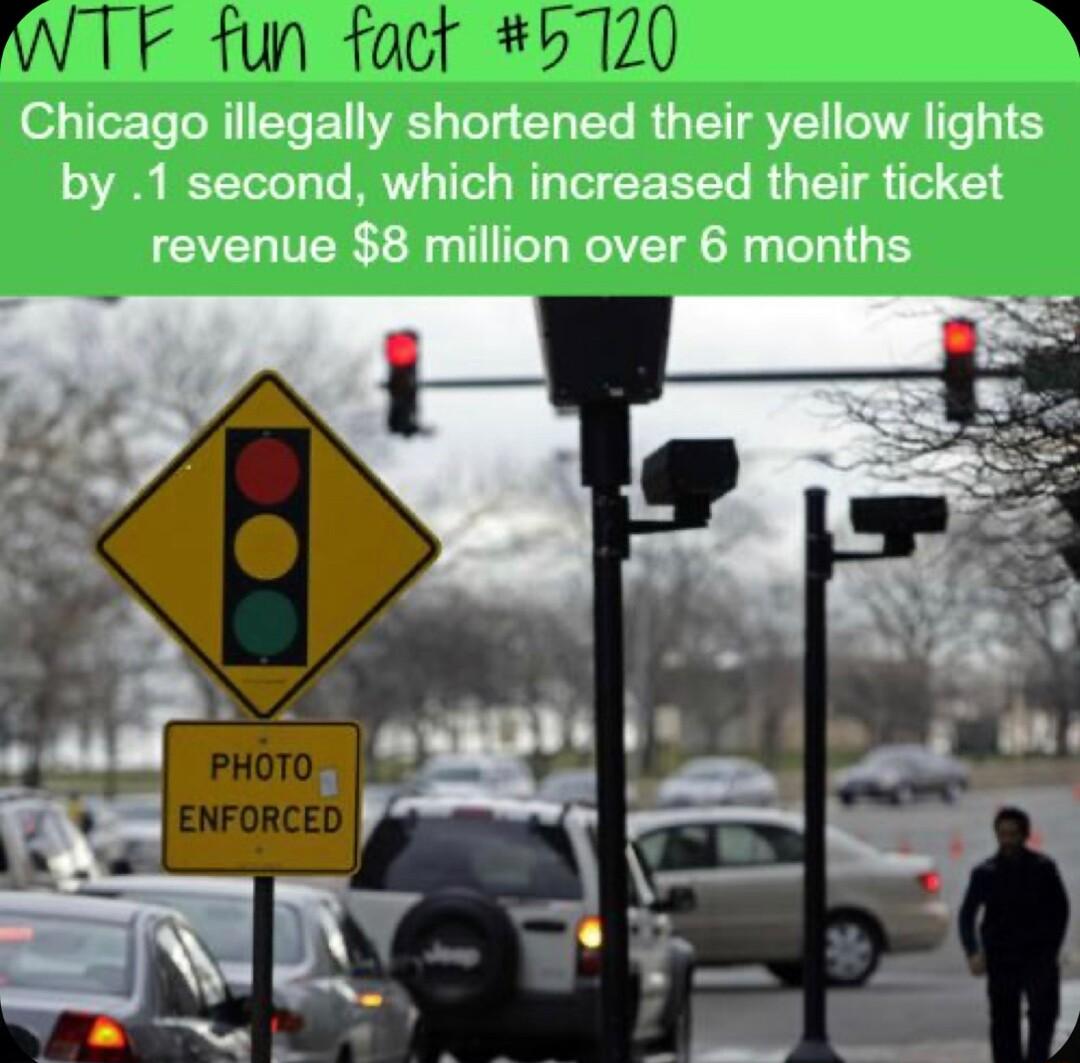 Chicago illegally shortened their yellow lights by 1 second which increased their ticket revenue 8 million over 6 months