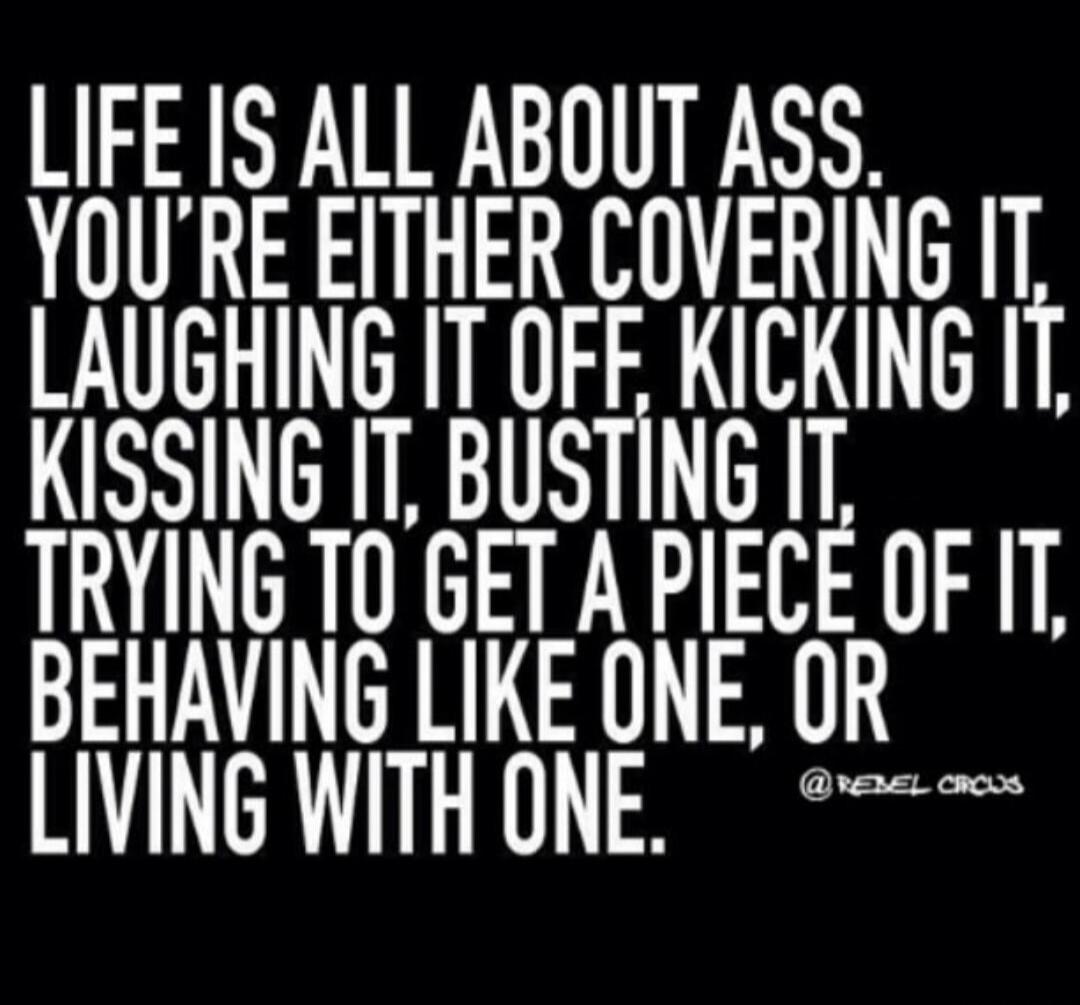 LIFE IS ALL ABOUT ASS. YOU'RE EITHER COVERING IT, LAUGHING IT OFF, KICKING IT, KISSING IT, BUSTING IT, TRYING TO GET A PIECE OF IT, BEHAVING LIKE ONE, OR LIVING WITH ONE. @REBEL CROWS
