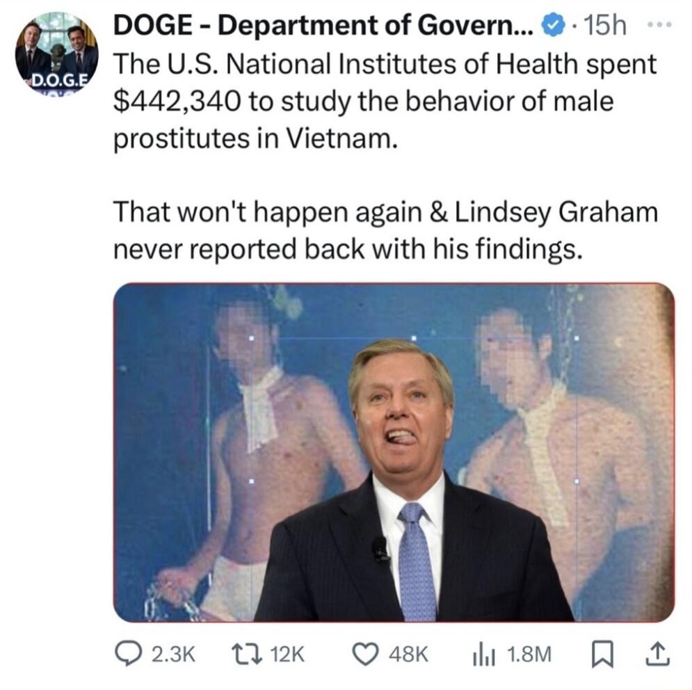 The US National Institutes of Health spent 442340 to study the behavior of male prostitutes in Vietnam DOGE Department of Govern 15h That wont happen again Lindsey Graham never reported back with his findings Q2 ik Qask item