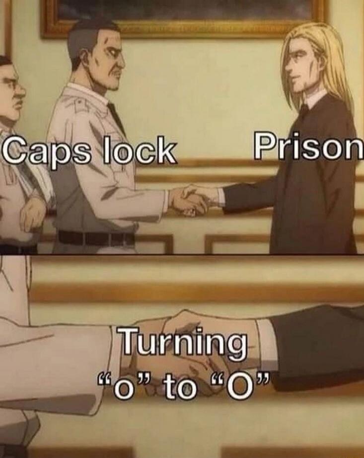 Caps lock
Prison
Turning “o” to “O”