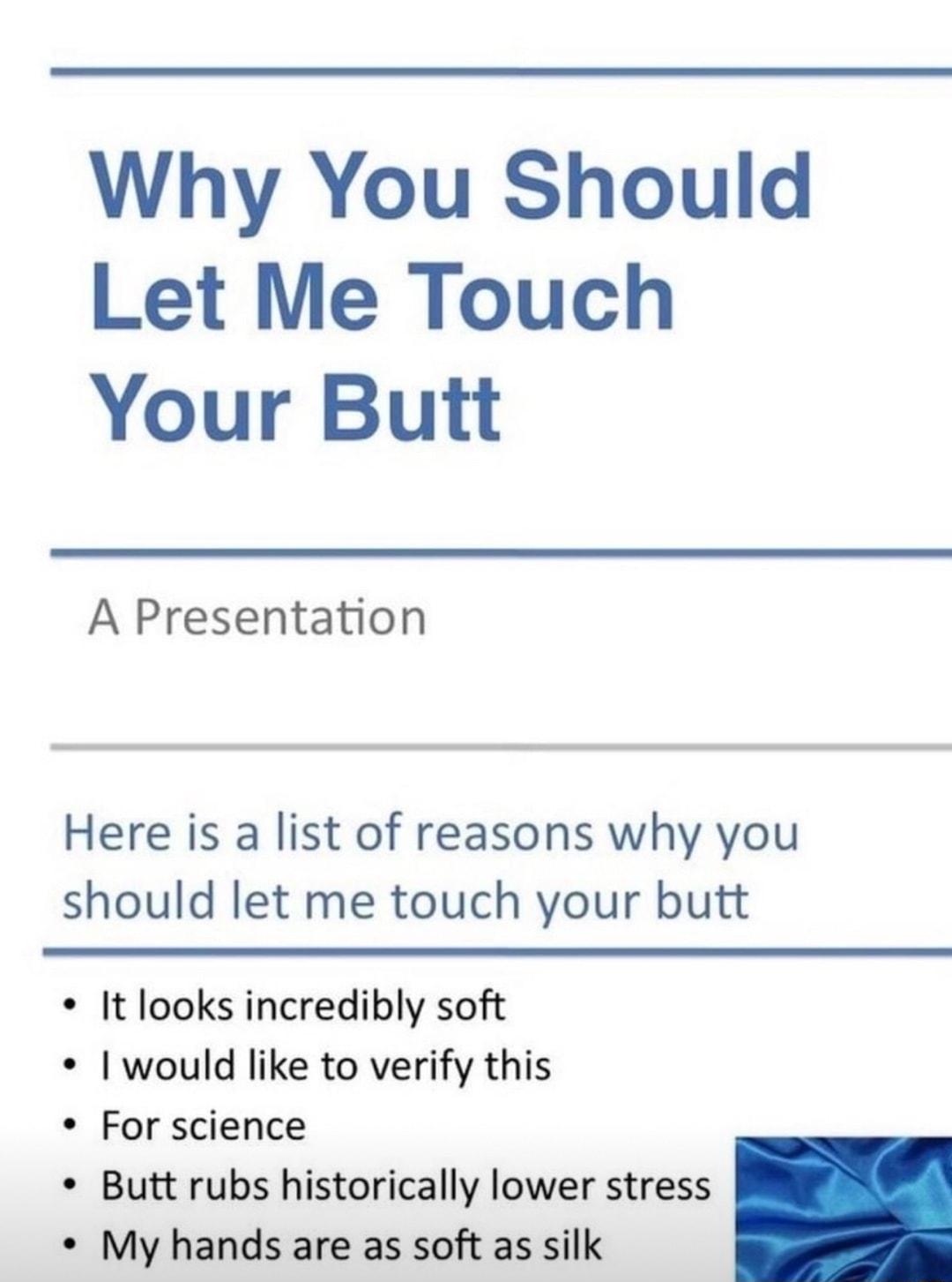 Why You Should Let Me Touch Your Butt A Presentation Here is a list of reasons why you should let me touch your butt It looks incredibly soft would like to verify this For science Butt rubs historically lower stress My hands are as soft as silk