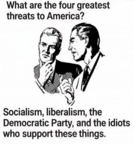 What are the four greatest threats to America? Socialism, liberalism, the Democratic Party, and the idiots who support these things.