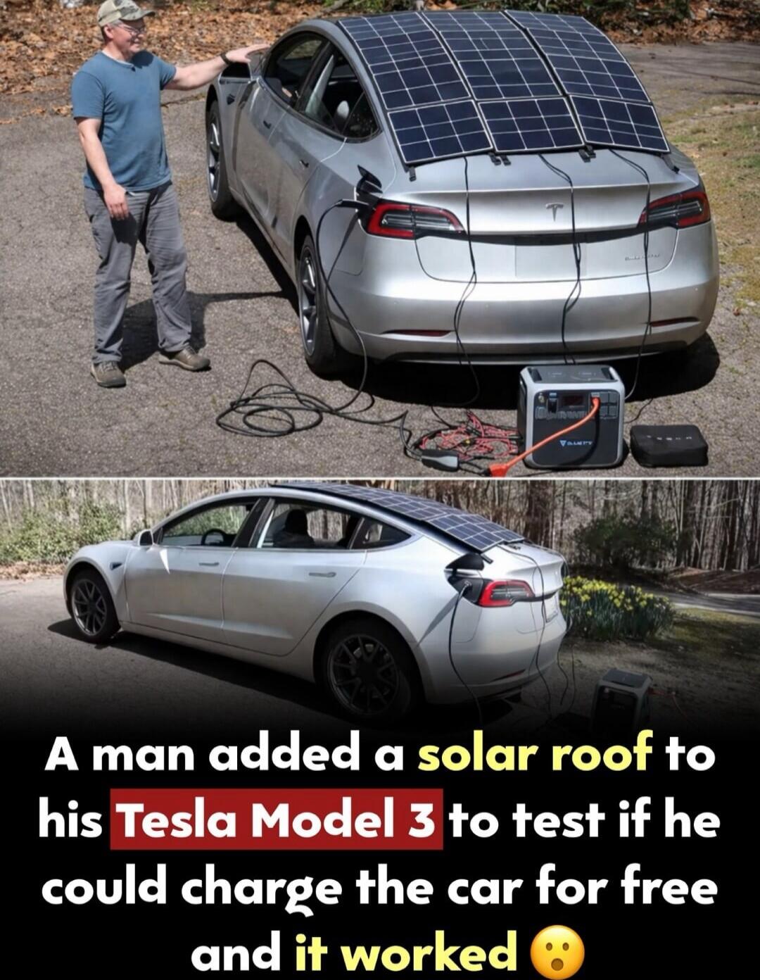A man added a solar roof to his Tesla Model 3 to test if he could charge the car for free and it worked 😮