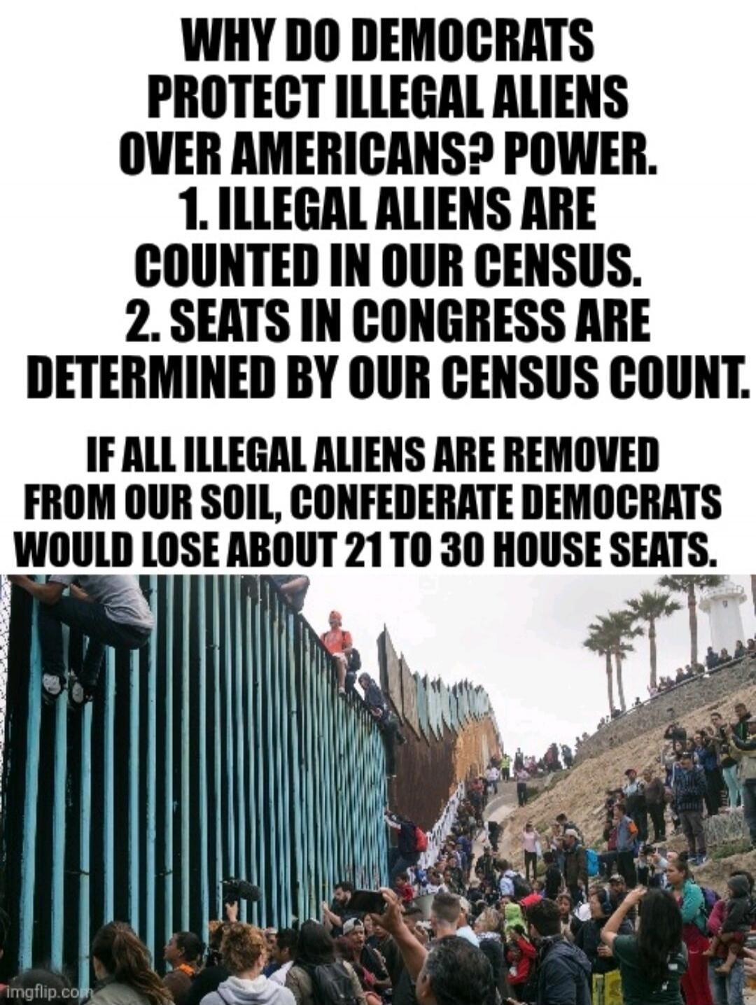 WHY DO DEMOCRATS PROTECT ILLEGAL ALIENS OVER AMERICANS? POWER. 1. ILLEGAL ALIENS ARE COUNTED IN OUR CENSUS. 2. SEATS IN CONGRESS ARE DETERMINED BY OUR CENSUS COUNT. IF ALL ILLEGAL ALIENS ARE REMOVED FROM OUR SOIL, CONFEDERATE DEMOCRATS WOULD LOSE ABOUT 21 TO 30 HOUSE SEATS.