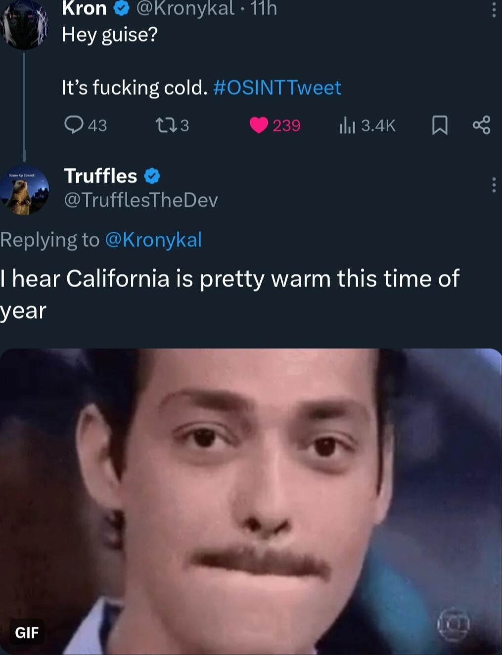 Kron Kronykal 11h EHeyguise Its fucking cold Qa3 o 239 u3ak B i Truffles 2 TnfflesTheDev Replying to hear California is pretty warm this time of year GIF