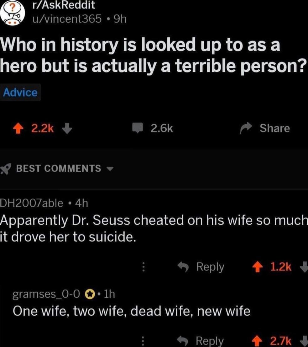 e rAskReddit uvincent365 9h Who in history is looked up to as a hero but is actually a terrible person Advice 4 22 L _XCS ladi L BEST COMMENTS DH2007able 4h Apparently Dr Seuss cheated on his wife so much it drove her to suicide Reply 4 12k gramses_0 0 O 1h RV G TRV Ne EET T R AN Reply 4 27k 4