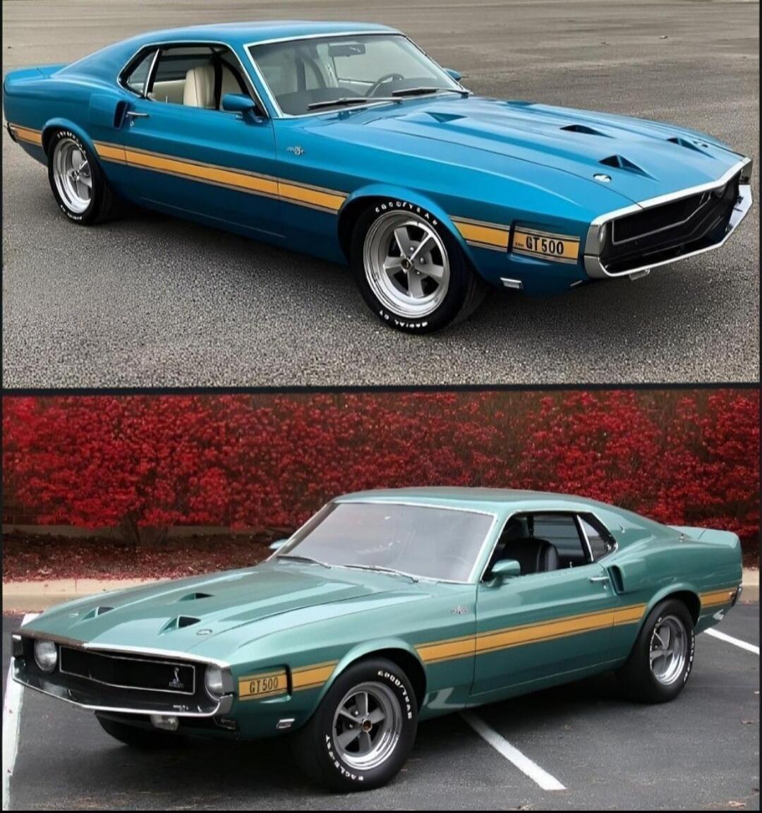 Two classic Ford Mustang GT500 cars are shown, one in blue and one in green, both featuring yellow racing stripes. The tires have 'GOODYEAR' and 'RADIAL GT' branding, and 'GT500' is visible on the side panels.