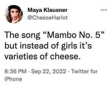 Maya Klausner CheeseHarlot The song Mambo No 5 but instead of girls its varieties of cheese 836 PM Sep 22 2022 Twitter for iPhone