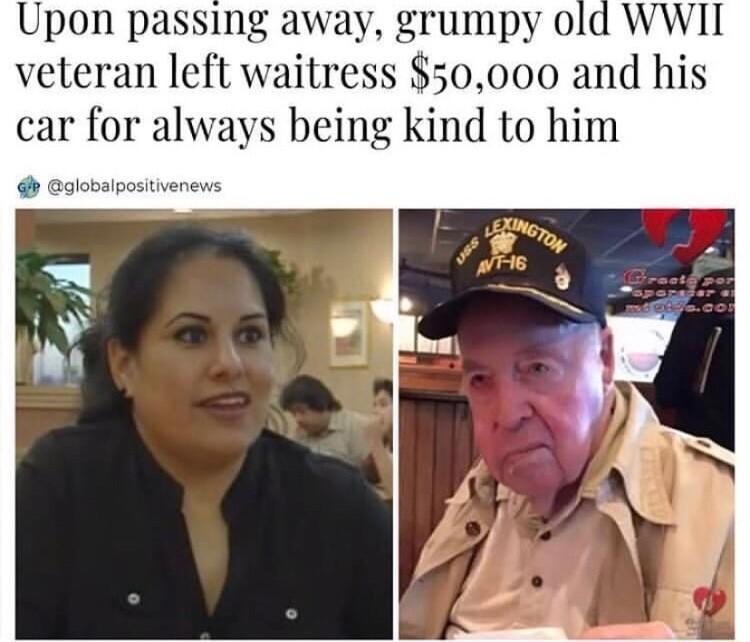 Upon pas veteran left waitress 50000 and his car for always being kind to him
