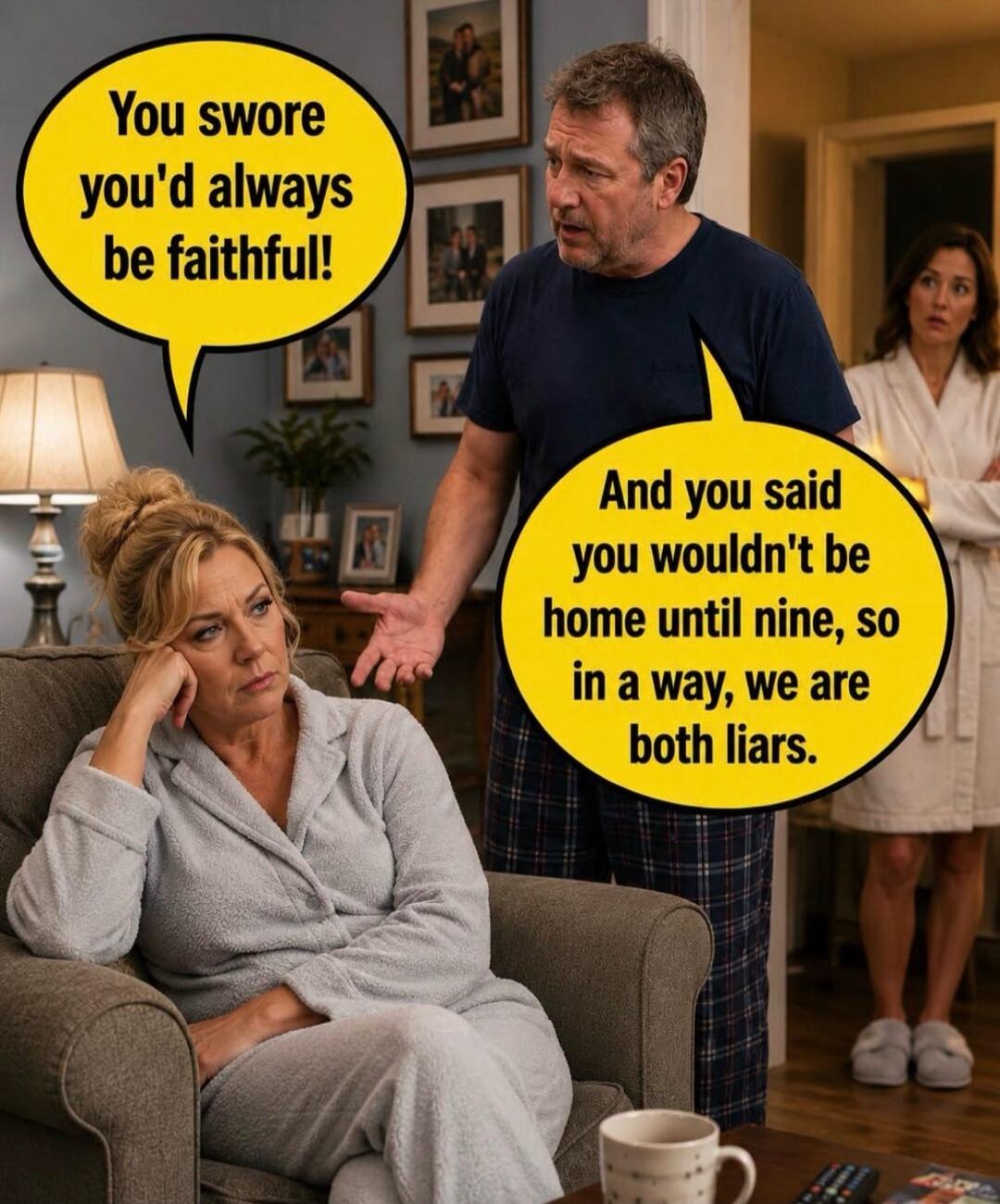 You swore you'd always be faithful! And you said you wouldn't be home until nine, so in a way, we are both liars.