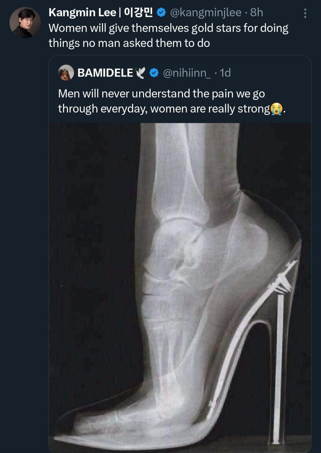 Kangmin Lee 0121 kangminjlee 8h Women will give themselves gold stars for doing things no man asked them to do M BAMIDELE nihiinn 1d Men will never understand the pain we go through everyday women are really strong
