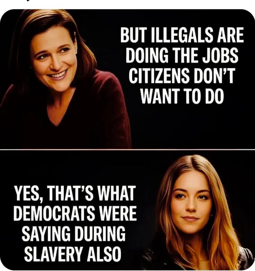 BUT ILLEGALS ARE DOING THE JOBS CITIZENS DON'T WANT TO DO YES, THAT'S WHAT DEMOCRATS WERE SAYING DURING SLAVERY ALSO