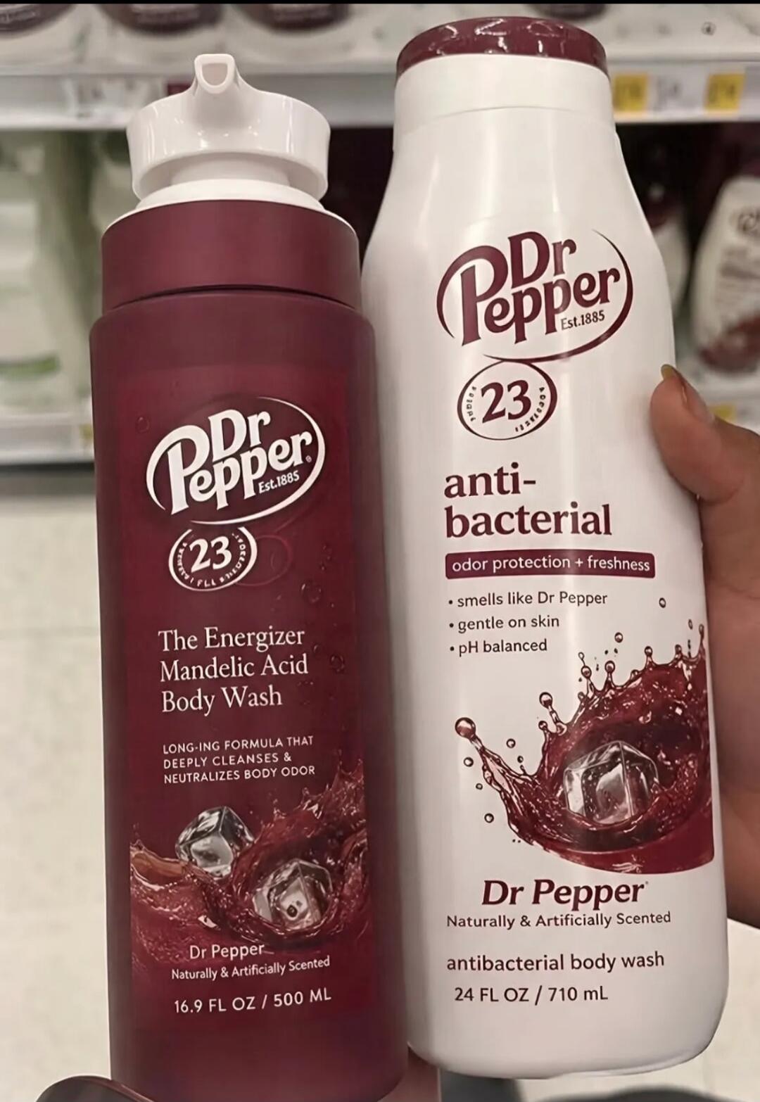 Dr Pepper Est.1885 23 FLAVORS The Energizer Mandelic Acid Body Wash LONG-ING FORMULA THAT DEEPLY CLEANSES & NEUTRALIZES BODY ODOR Dr Pepper Naturally & Artificially Scented 16.9 FL OZ / 500 ML anti-bacterial odor protection + freshness • smells like Dr Pepper • gentle on skin • pH balanced Dr Pepper Naturally & Artificially Scented antibacterial bo