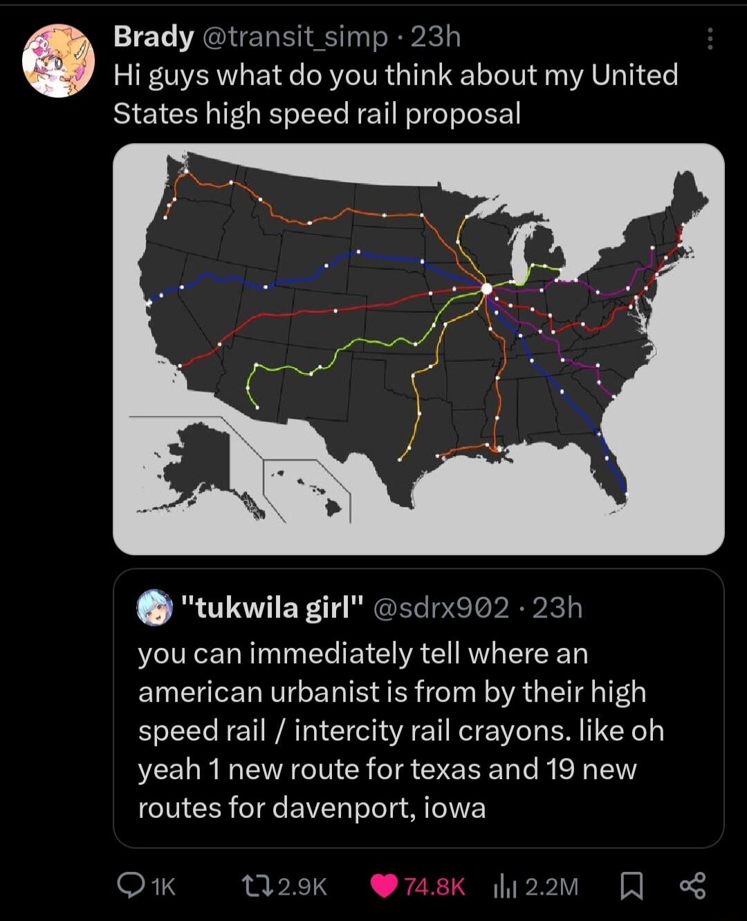 Brady transit_simp 23h Hi guys what do you think about my United States high speed rail proposal tukwila girl sc you can immediately tell where an american urbanist is from by their high speed rail intercity rail crayons like oh yeah 1 new route for texas and 19 new routes for davenport iowa Qi 2ok msk hi2av