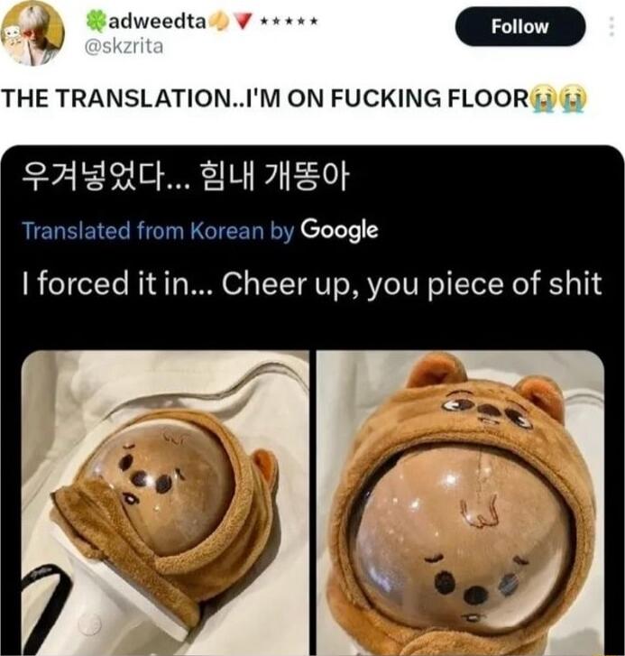 Wadweedta L THE TRANSLATIONIM ON FUCKING FLOOR SAGALCE eLh HHEot Translated from Korean by Google forced itin Cheer up you piece of shit
