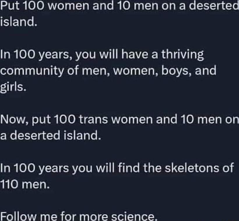 Put 100 women and 10 men on a deserted EELEH In 100 years you will have a thriving community of men women boys and girls NIV o o R T ERVVTeT i Y 1o Te e 0 s TTo el a deserted island O ToRYZETERVITVRNYI iTale RUs SRS I T CeT EN o 110 men Follow me for more science
