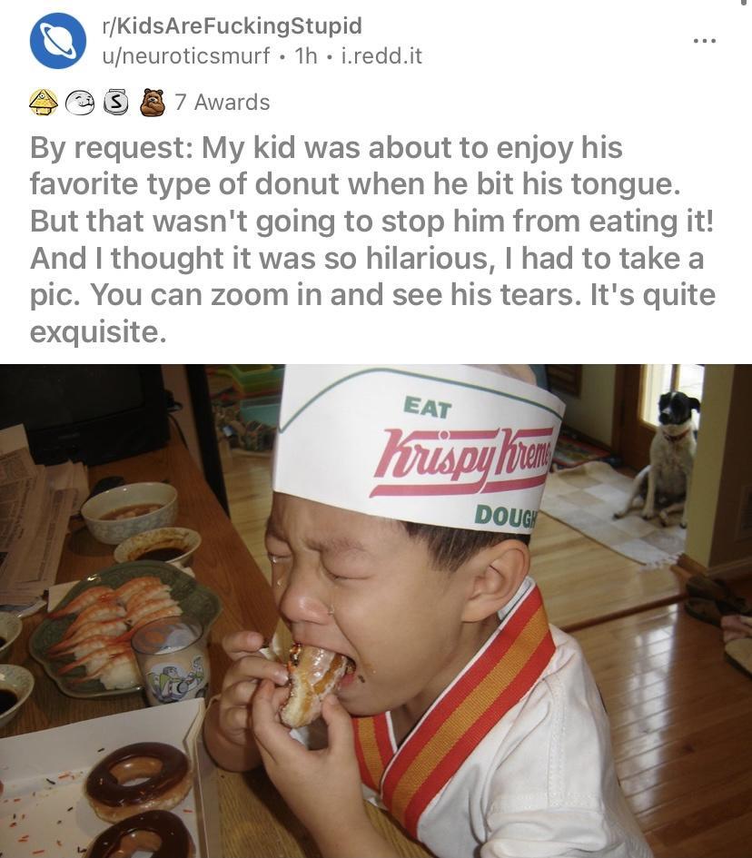 rKidsAreFuckingStupid uneuroticsmurf 1h ireddit B3 8 7 Awards By request My kid was about to enjoy his favorite type of donut when he bit his tongue But that wasnt going to stop him from eating it And I thought it was so hilarious had to take a pic You can zoom in and see his tears Its quite exquisite