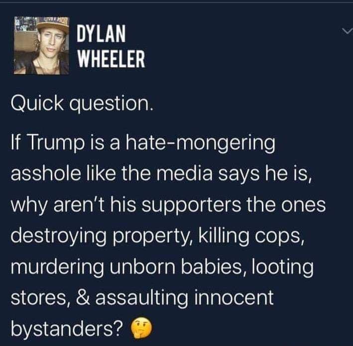 DYLAN WHEELER Quick question If Trump is a hate mongering asshole like the media says he is why arent his supporters the ones foieVilgle Nl e olcTnaVA Il TaTe elo o H murdering unborn babies looting SRS V ale N alalolelTal bystanders