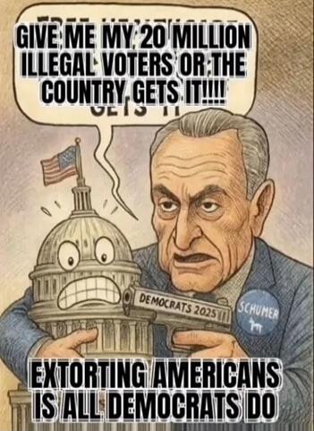 GIVE ME MY 20 MILLION ILLEGAL VOTERS OR THE COUNTRY GETS IT!!!! EXTORTING AMERICANS IS ALL DEMOCRATS DO. DEMOCRATS 2025. SCHUMER.